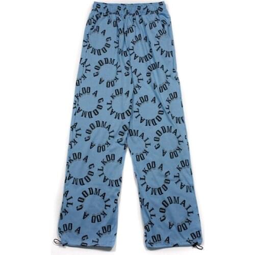 New Summer Pants Women Streetwear Loose Elastic Waist Trousers Casual Letter Printing Drawstring Wide Leg Straight Man Female