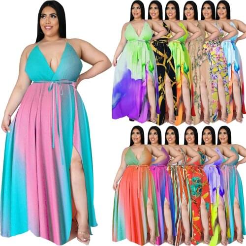 Long Maxi Dress Summer Beach Plus Size Bohemian Deep V-neck Open Back High Split Gradient Dresses Women Boho Holiday Vestidos