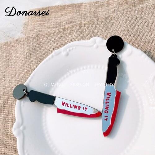 Donarsei Personality 4 Styles Knife Acrylic Drop Earrings For Women Halloween KILLING IT Knife Dangle Earrings Party