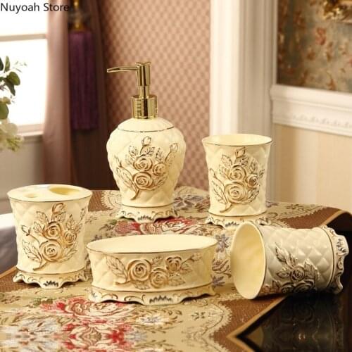 European Style Bathroom Supplies Ceramic Pattern Toothbrush Holder/mouthwash Cup/lotion Bottle/light Luxury Bathroom Decoration