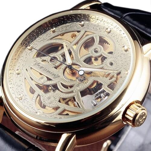 FORSINING Gold Fashion Casual Designer Leather Men Skeleton Mechanical Watch Mens Watches Top Brand Luxury Automatic Watch Clock