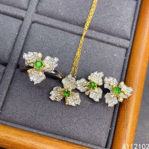 KJJEAXCMY fine Jewelry 925 sterling silver inlaid natural Diopside popular pendant ring earring set support test hot selling