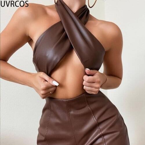 UVRCOS Faux PU Leather 2 Piece Sets Womens Outfits Summer Hot Streetwear Cyber Y2k Sexy Mujer Hollou Out Halter Tops+Slim Shorts
