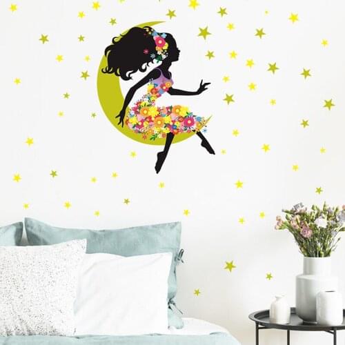 Pretty Moon Girl Stars Wall stickers girls room bedroom background Home Decoration Decal Beautiful living room Wallpaper sticker