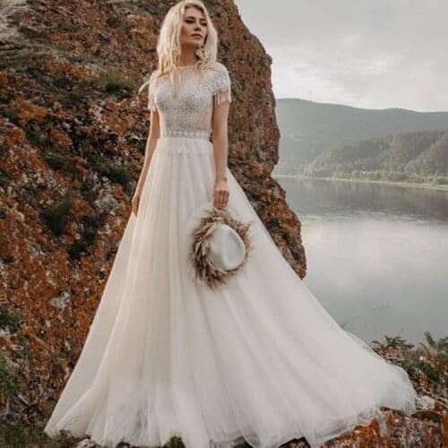 Back crochet Lace Wedding Dresses 2021 Lace Beach Boho R A Line Tulle Sweep Train Bridal Gowns Tulle Bohemian Wedding Gowns