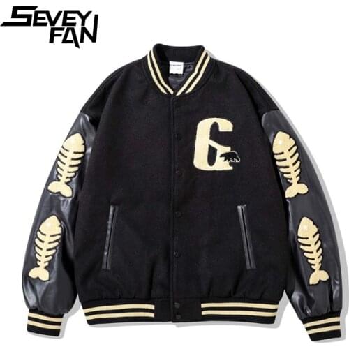 SEVEYFAN Mens Harajuku Fish Skeleton Towel Embroidery Jacket Hip Hop PU Leather Patchwork Baseball Coat Streetwear for Couples