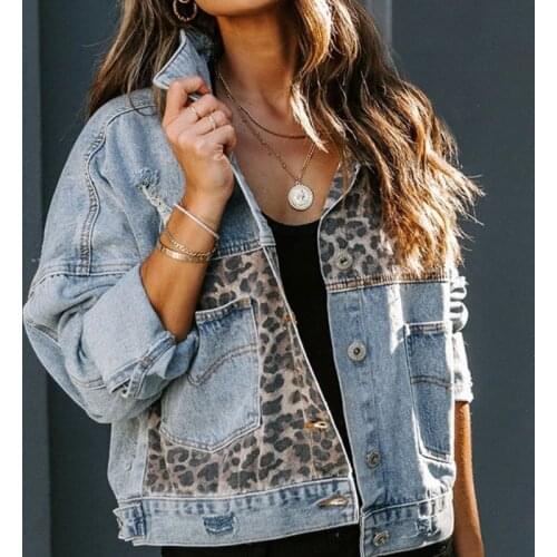 New Vogue Leopard Denim Jacket Long Sleeve Turn Down Collar Loose Cowboy Jackets SummerAutumn Casual Female Streetwear Jacket