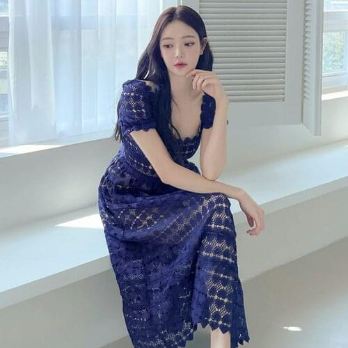 Summer Lace Dress Women 2021 New Vintage Sexy Hollow Out Casual Short Sleeve Dresses Party Vestidos