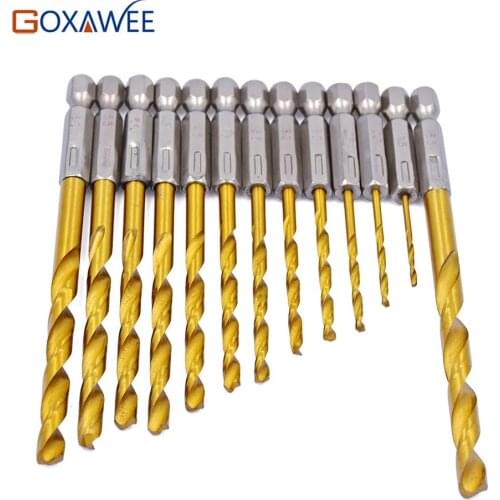 GOXAWEE Tungsten Carbide Twist Drill Bit Power Tool High Speed Steel HSS Titanium Coated Drill Bit Set 1/4 Hex Shank 13pcs