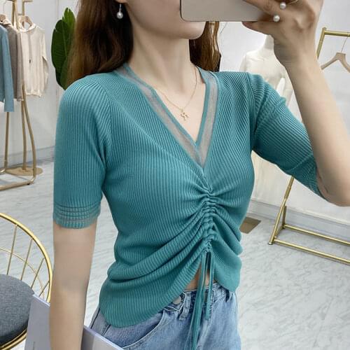 Classical Dance Clothes Women Latin Tops See Through Solid Mesh Tops Mid Sleeve Drawstring Ballet T-shirt Women Dance Costume