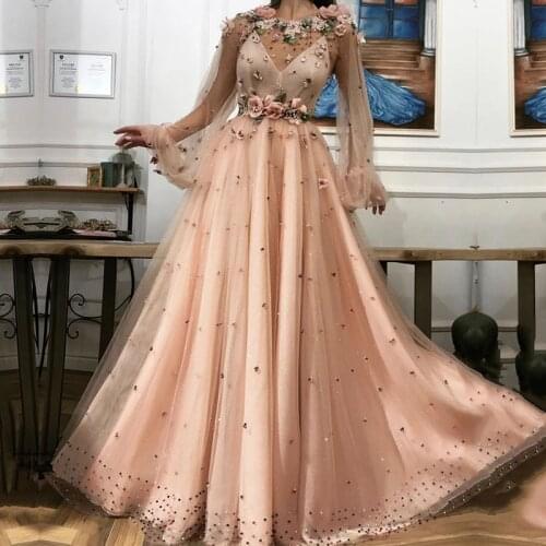 Eightale Pearls Prom Dresses Pink O-Neck Flowers A-Line Long Sleeve Party Dress for Graduation Formal Evening Gown abendkleider