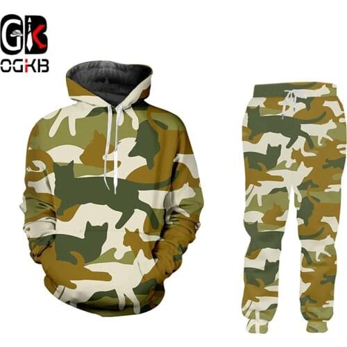 OGKB 3D Set Printed Camouflage Cat Tops And Pants Two-piece Suit For Men And Women Fitness And Casual Sportswear Dropshipping
