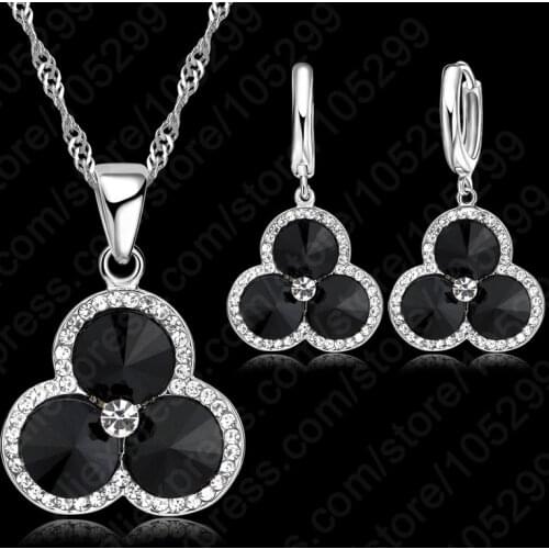 Free Shipping 925 Sterling Silver Shiny CZ Crystal Petal Shape Pendant Necklace + Dangle Earring For Woman Wedding Jewelry Sets
