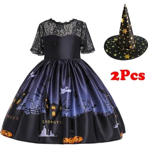 Halloween Party Dress With Hat 2Pcs Outfits Children Carnival Cosplay Costume Fashion Princess Girls Dress 3-9 Year Kids Clothes