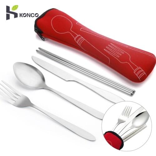 Konco Stainless Steel Bento Box Cutlery set Portable Lunch Dinnerware Kit Knife Fork Spoon Chopsticks Travel Picnic Cutlery