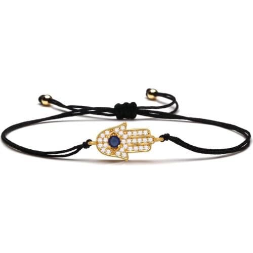 Blue Cubic Zirconia Stones Hamsa Hand Charm Bracelet White CZ Fatima Evil Eye Fiery Spirit Red String Handmade Jewelry Present