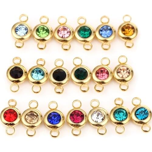 2PCs Stainless Steel Glass Connectors For Earrings Necklace Making Round Colorful Birthday Stone Jewelry DIY Findings 12mm x 7mm