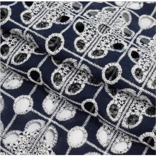 Navy blue cotton embroidered fabric Spring and summer hollow embroidery shirt dress fashion fabric