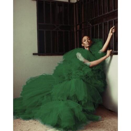 Dark Green Puffy Ball Gown Tulle Dress Ruffles Long Puffy Tulle Dressing Gowns For Birthday Party Women Formal Dresses