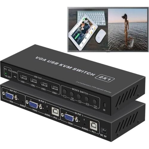 USB VGA KVM Switch 2x1 2 port audio&video VGA Multi-viewer KVM function switcher box Multiviewer with Remote control