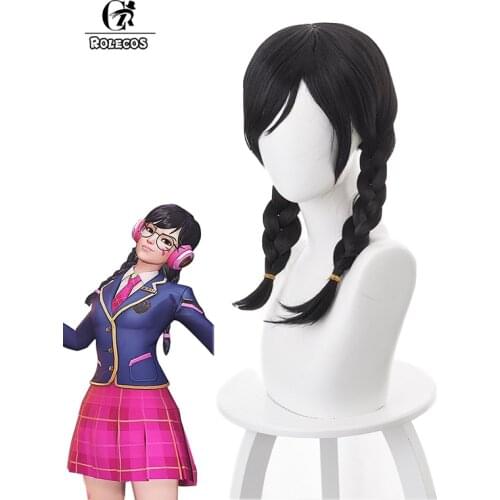 ROLECOS Game OW DVA Cosplay Hair D.VA Academy Cosplay Headwear Hana Song 45cm Long Black Synthetic Pigtail Hair Women