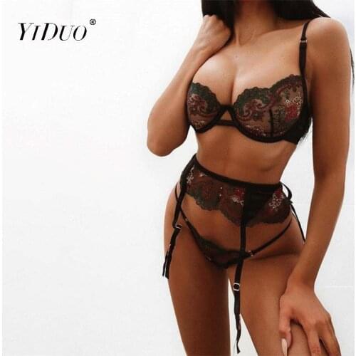 YiDuo Black Sexy See Through Bra Lingerie 3 Piece Set Lace Underwear Set Women Underwire Push Up Floral Embroidery Bra Set 2020