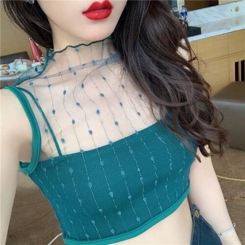 Mujer verano 2020 gym tank top women green Crop tops Mesh lace tank tops women sexy sleeveless top korean fashion clothing
