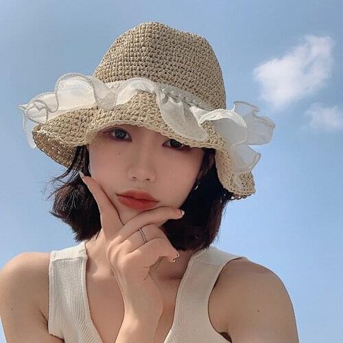2021 New Summer Ladies Straw Hat Retro Lace Brim Handmade Straw Hat Ladies Outdoor Sun Hat Beach Straw Hat
