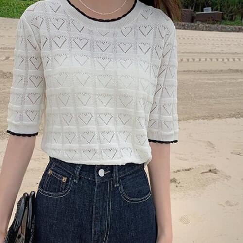 Knitted T-Shirt Women Summer 2021 Korean Style Cute Hollow Out Hearts Short Sleeve Tshirt Tops Knitwear White T483