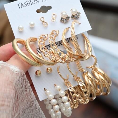New Vintage Statement Fashion Imitation Pearls Set Earrings for Women Gold Color Metal Hoop Earrings 2021 Female Jewelry Gift