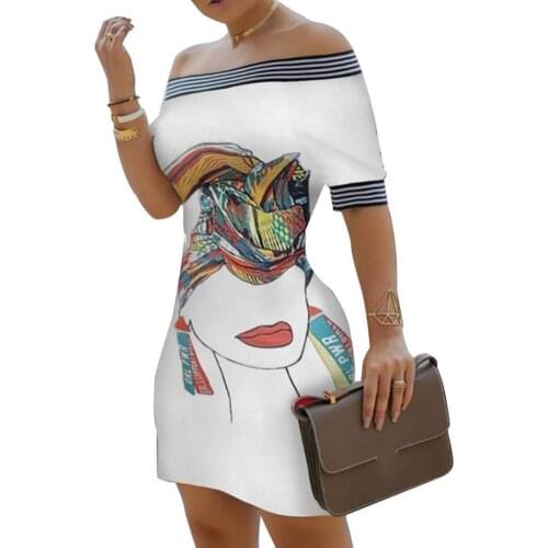 2021 Summer Women Elegant Slim Print Bodycon Party Casual Dress Off Shoulder Bird Pattern Striped Tape Splicing Mini Dresses