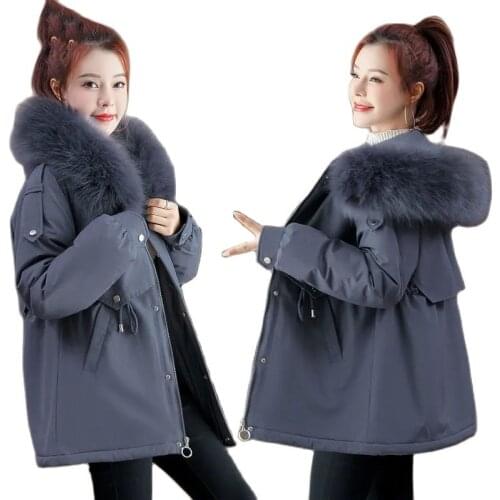 Ladies Overcoat Parka Plus Velvet Thicken Cotton Jacket Mid-Long Big Fur Collar Zipper Keep Warm Down Cotton Winter Ms Coats