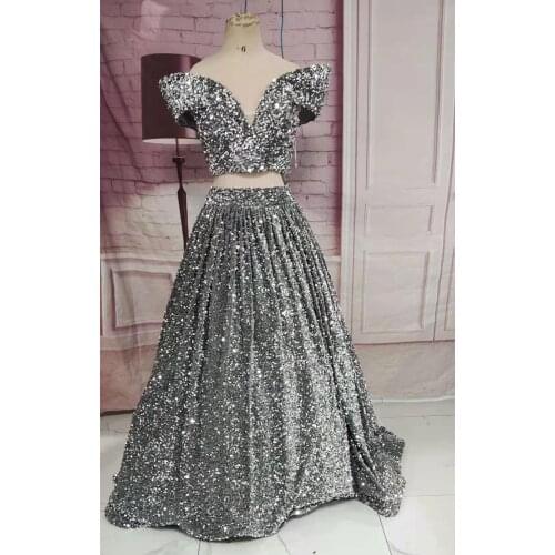 A-Line Long Sequin Two Pieces Off Shoulder Evening Dresses with Pockets Silver V-Neck Abendkleider Formal Party Dress for Women