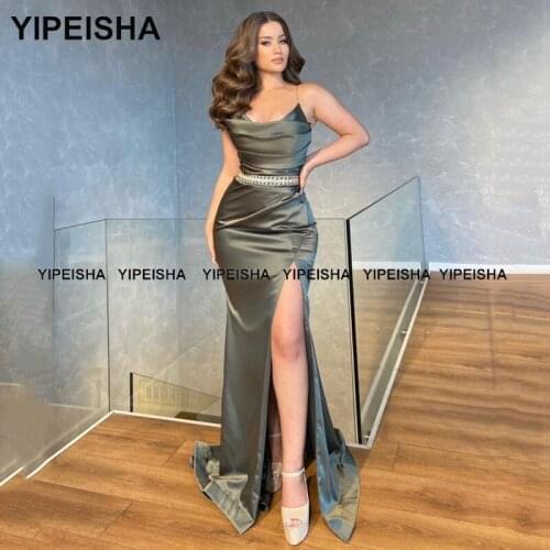 Yipeisha Spaghetti Straps Mermaid Evening Gown Floor Length Front Slit Prom Dresses Beaded Long Wedding Party Dress Sexy Vestido