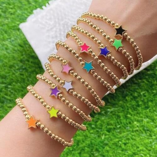10PCS, Gold Color Ball Beads Bracelet with Enamel Heart, Star Charm Colorful Beaded Bracelet