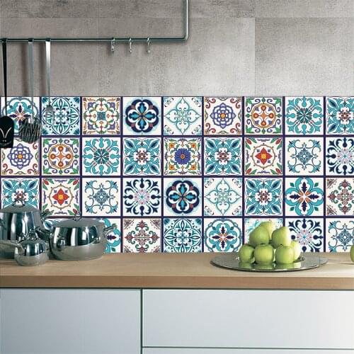 3D Arabian Style Retro Tile Floor Sticker Kitchen Bathroom Waist Line Wall Stickers Vinyl Waterproof Poster Home Decor Art Mural