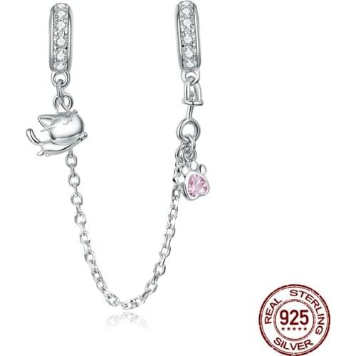 925 sterling silver original woman fine jewelry charm cat silicone safety chain fit 3MM bracelet beads making wedding gift