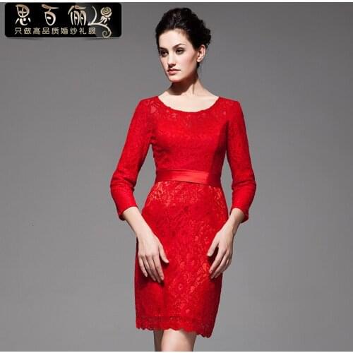 Free shipping 2016 short red bride vestido de festa longo fashion gowns for women lace long sleeve party prom Cocktail Dresses