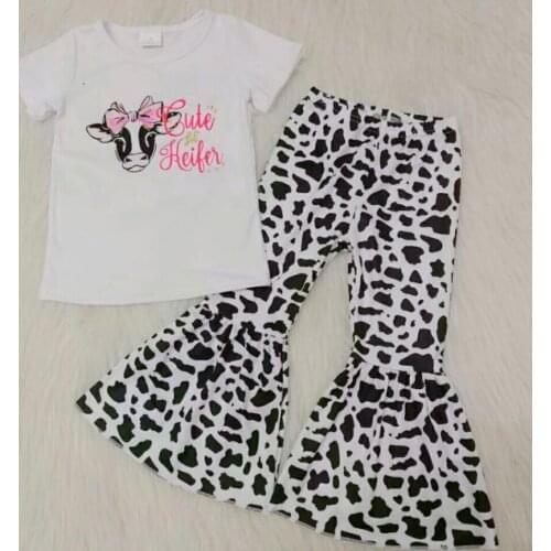 Free shipping baby girls clothes kids wear outfits 2pcs milk silk cute cow heifer bell bottom pant boutique children clothing