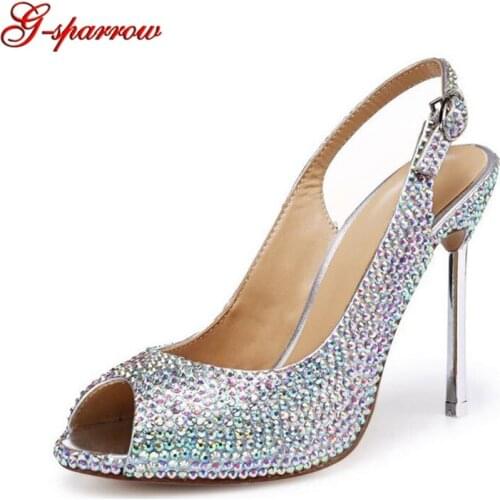 Sparkling Rhinestone Wedding Party Pumps Scarpin AB Crystal Slingback Heels Shoes Silver Plus Size Peep Toe Summer Ladies Pumps