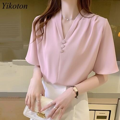 Chiffon White Shirt Women Blouse And Tops Summer Shirts V-Neck Womans Clothing Casual Loose Buttons Short Sleeve Camisa mujer