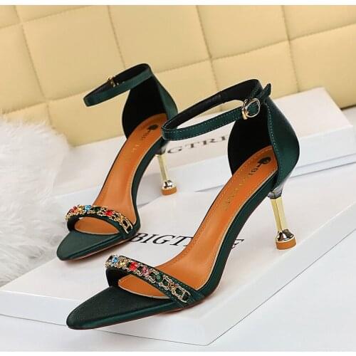 BIGTREE 2021 NEW Flock Sandals Bling Delicate Style Wedding Womens Shoes Summer Shallow Stiletto Heels Concise Dress Ankle-Wrap