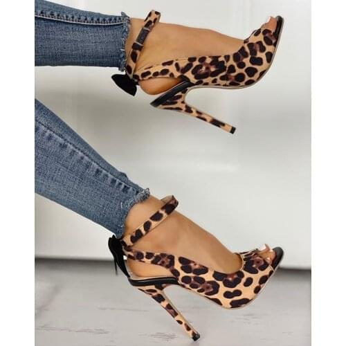 Fashion Leopard Bow Detail Thin Heeled Sandals Woman Ankle Strap Open Toe Slingback Party Dress Pumps Gladiator T Stage Shoes