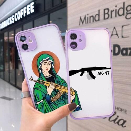 Phone Case For iPhone 12 11 Mini Pro XR XS Max 7 8 Plus X AK47 Gun Coque Simple black white Matte transparent Purple Cover