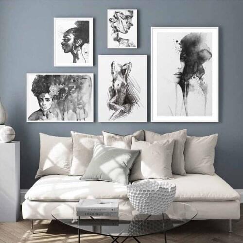Black White Female Sketch Canvas Painting Watercolour Abstract Face Posters and Prints Line Figure Wall Art for Home Decoration