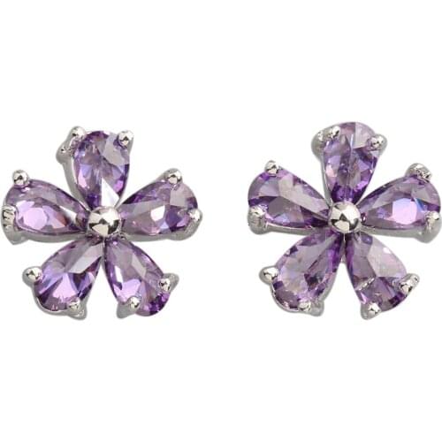 Flower Purple Stone 5*3mm Semi-precious Silver Cool For Womens Stud Earrings ED0081