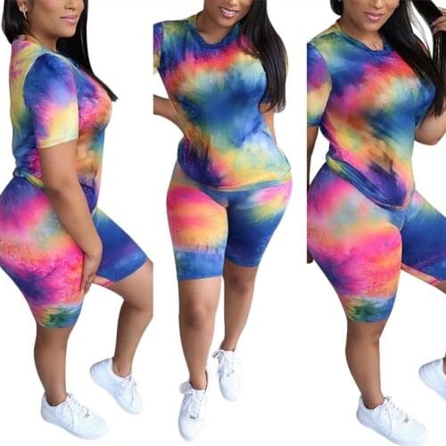 2PCS Leisure Suit Set for Women Tie-Dye Print Round Neck Short Sleeve T-Shirt+Pants Outfits Casual Tracksuit Homewear 4 Colors