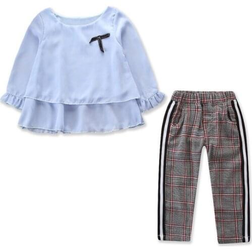 Baby Girls Clothing Sets School Wear Spring Autumn Long Sleeve Bow T-shirt+Casual Plaid Pants 2pcs Kids Clothing Sets 5 Colors