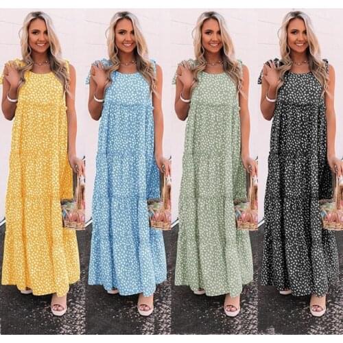 Summer Dress Femme Robes Women Boho Ruffle Stitching Sleeveless Maxi Dress For Women Sexy Lace-Up Dot Stitching Dresses Vestidos