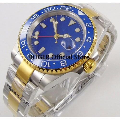 Sapphire Crystal BLIGER 40mm Blue Sterile Dial Ceramic Bezel GMT Function Luminous Gold Plated Automatic Movement Mens Watch